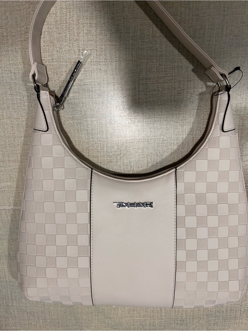 Tahari Neutral Cream Checker Hobo Shoulder Bag